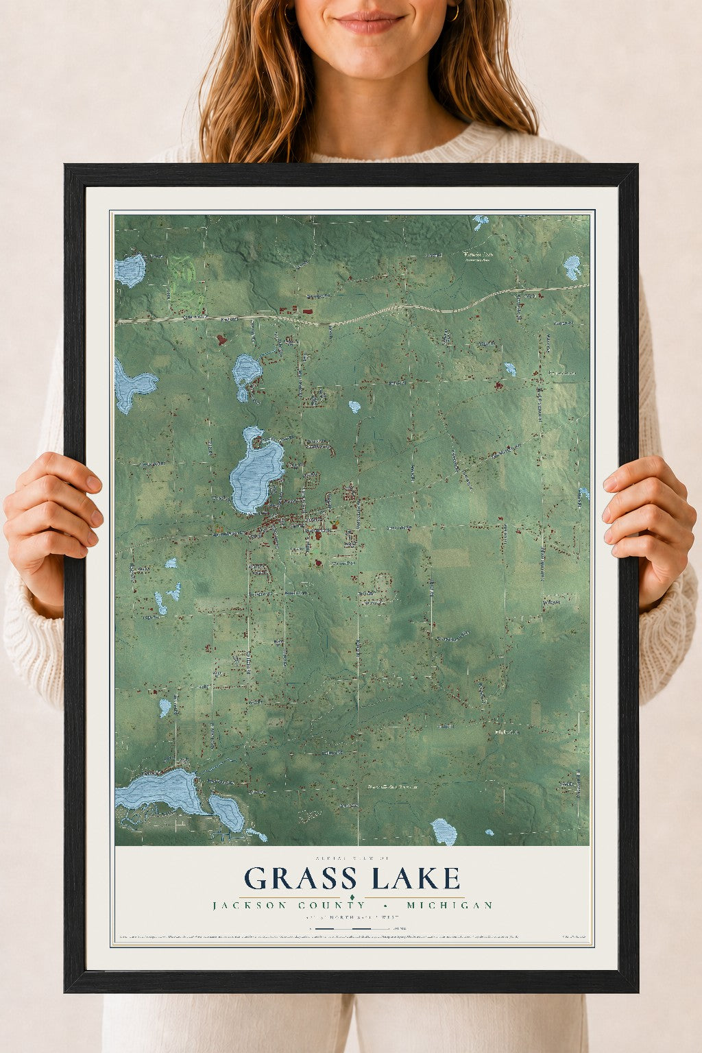 Map of Grass Lake, Jackson County, Michigan, 18 x 24 inch print in a black wood frame