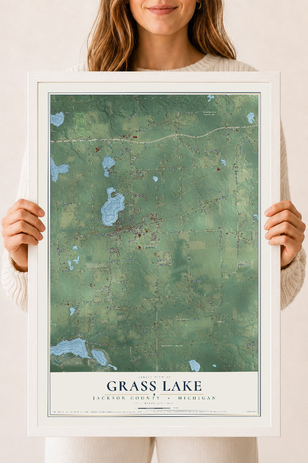 Map of Grass Lake, Jackson County, Michigan, 18 x 24 inch print in a white wood frame