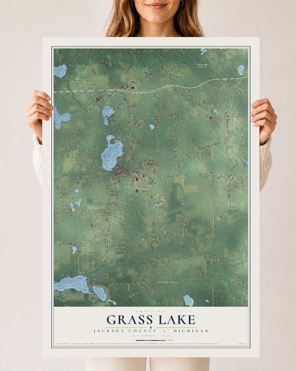 Map of Grass Lake, Jackson County, Michigan, 24 x 36 inch unframed archival matte print