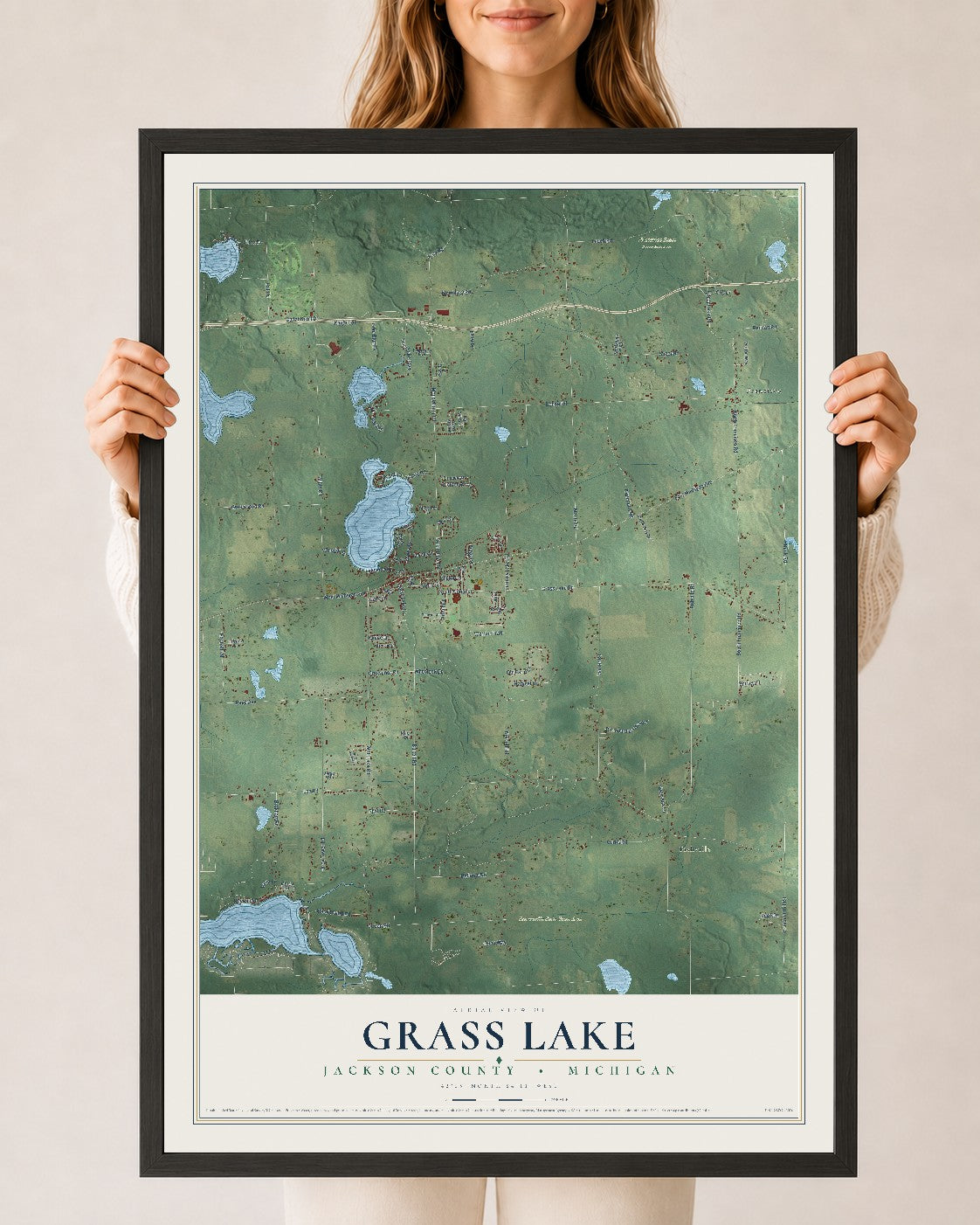 Map of Grass Lake, Jackson County, Michigan, 24 x 36 inch print in a black wood frame