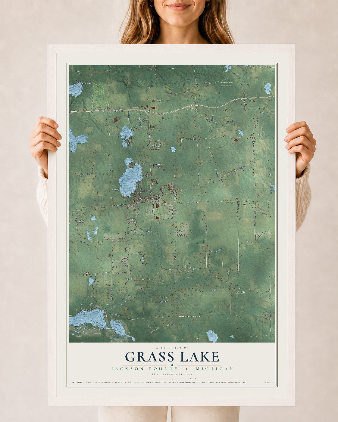 Map of Grass Lake, Jackson County, Michigan, 24 x 36 inch print in a white wood frame