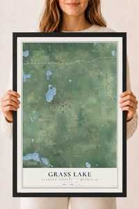 Map of Grass Lake, Jackson County, Michigan, 18 x 24 inch print in a black wood frame