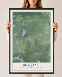 Map of Grass Lake, Jackson County, Michigan, 24 x 36 inch print in a black wood frame