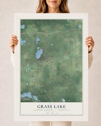 Map of Grass Lake, Jackson County, Michigan, 24 x 36 inch print in a white wood frame