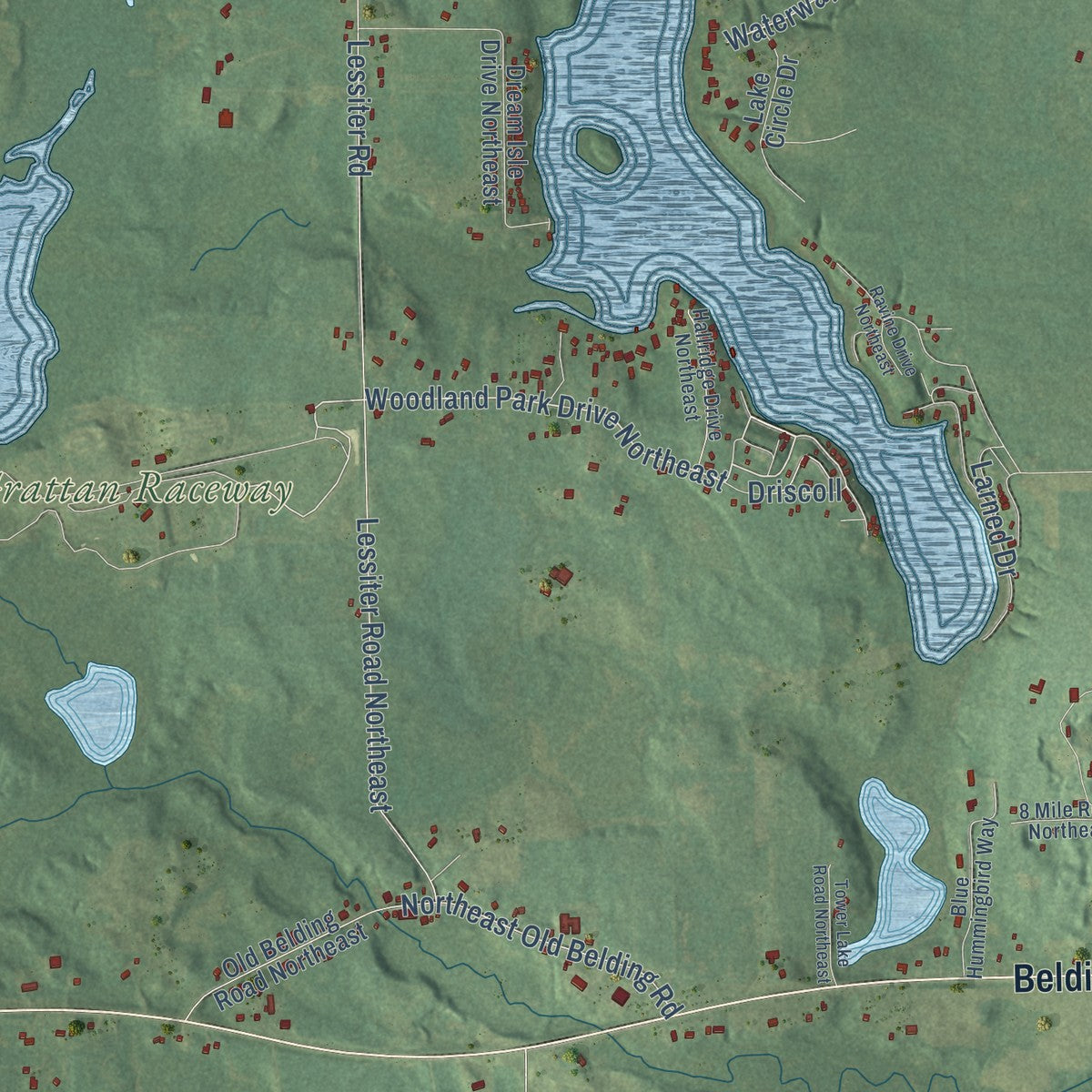 Second close-up of the map of Grattan, Michigan print showing more streets and buildings