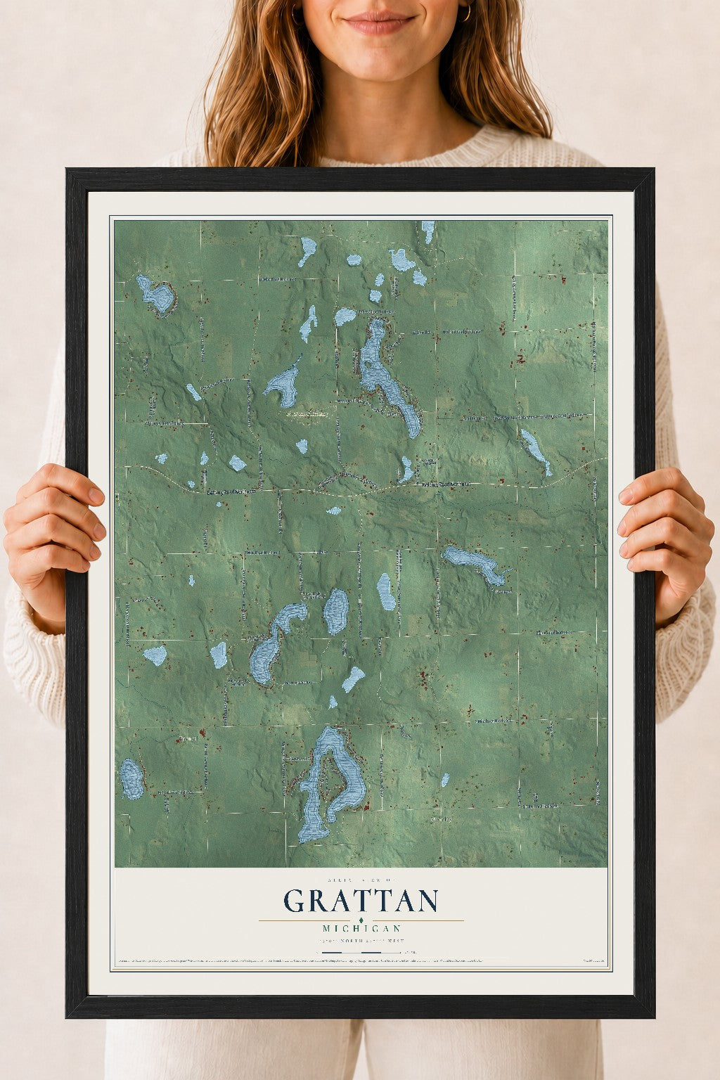 Map of Grattan, Michigan, 18 x 24 inch print in a black wood frame