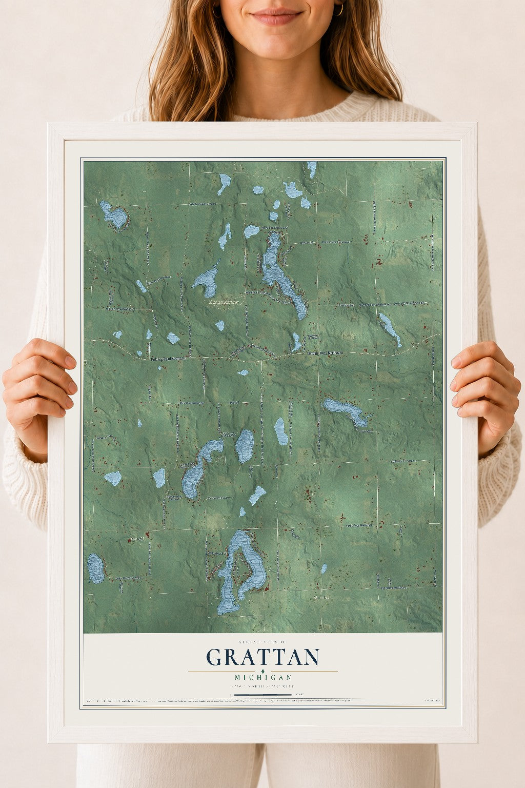 Map of Grattan, Michigan, 18 x 24 inch print in a white wood frame