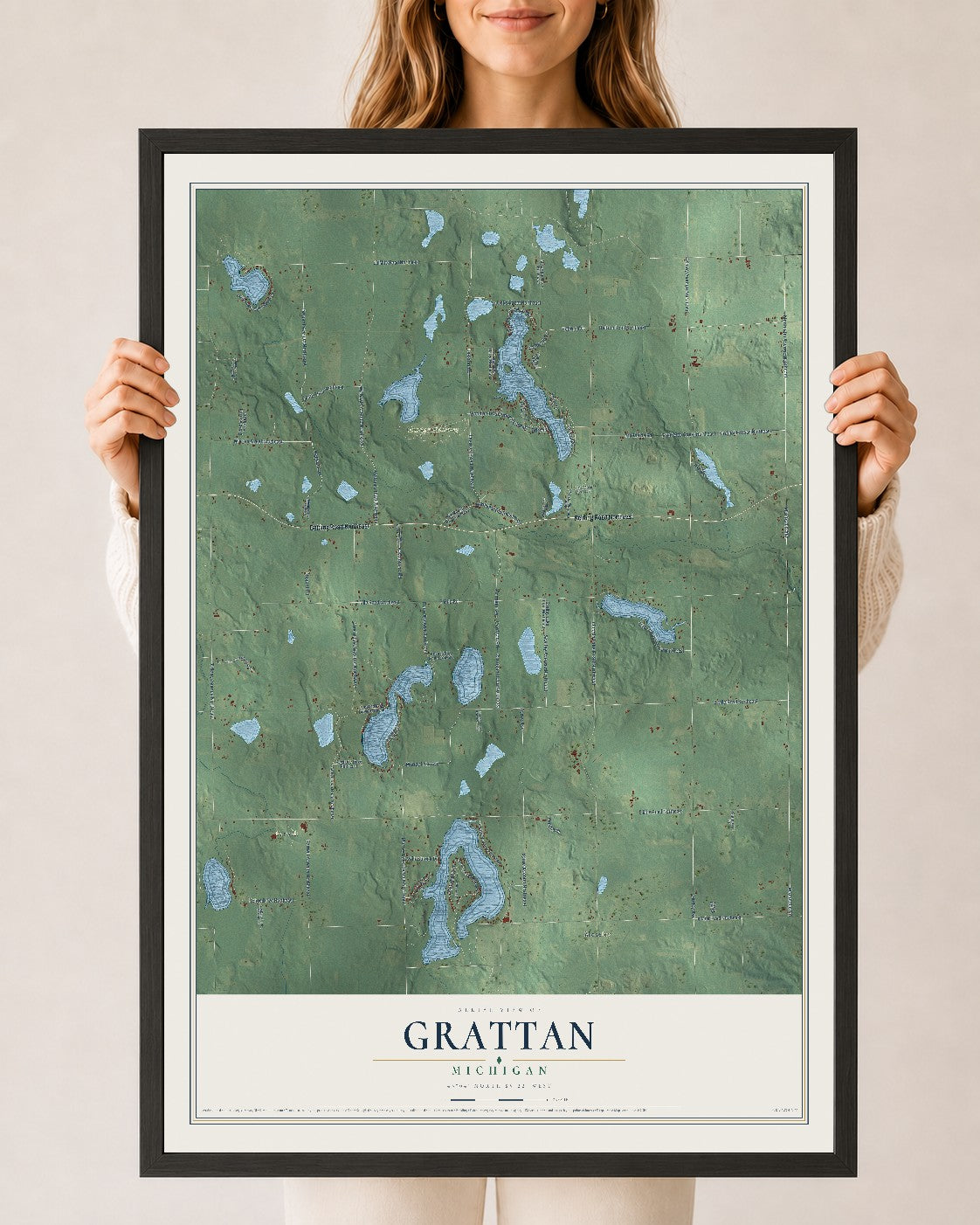Map of Grattan, Michigan, 24 x 36 inch print in a black wood frame