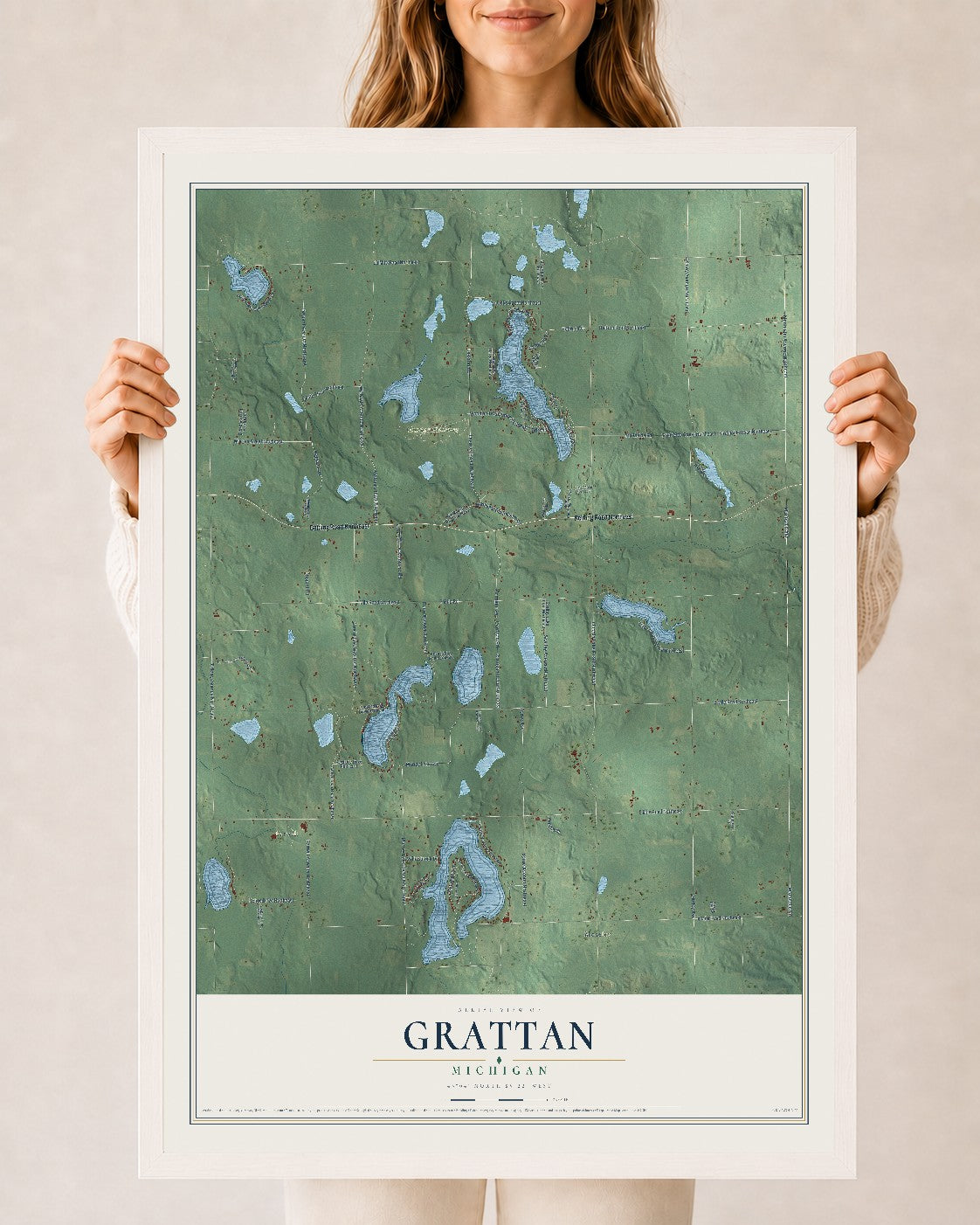 Map of Grattan, Michigan, 24 x 36 inch print in a white wood frame