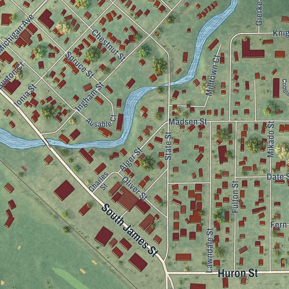 Second close-up of the map of Grayling, Michigan print showing more streets and buildings