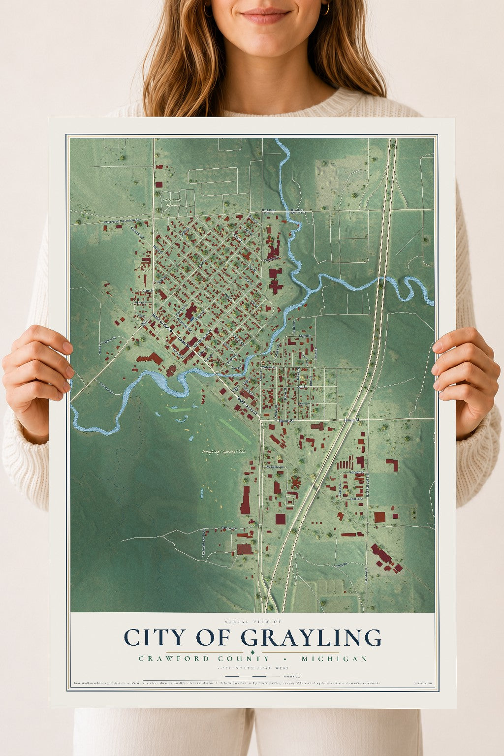Map of Grayling, Michigan, 18 x 24 inch unframed archival matte print