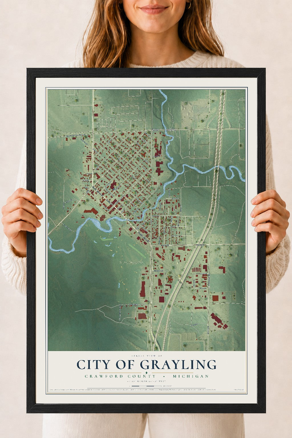 Map of Grayling, Michigan, 18 x 24 inch print in a black wood frame