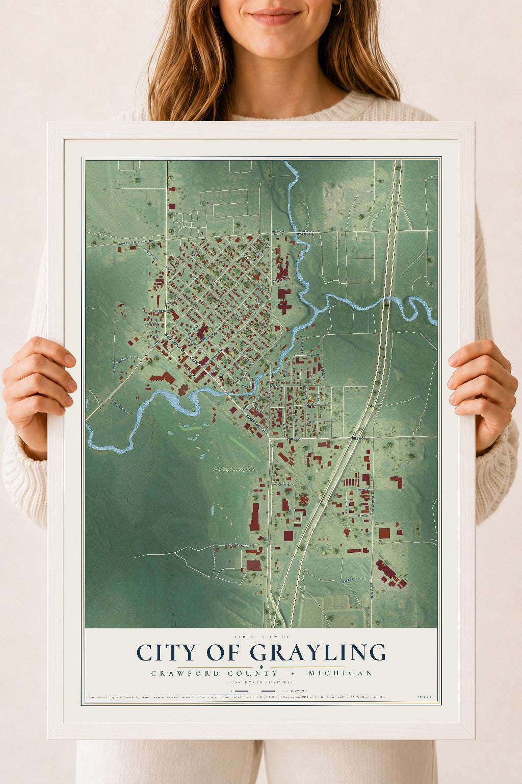 Map of Grayling, Michigan, 18 x 24 inch print in a white wood frame