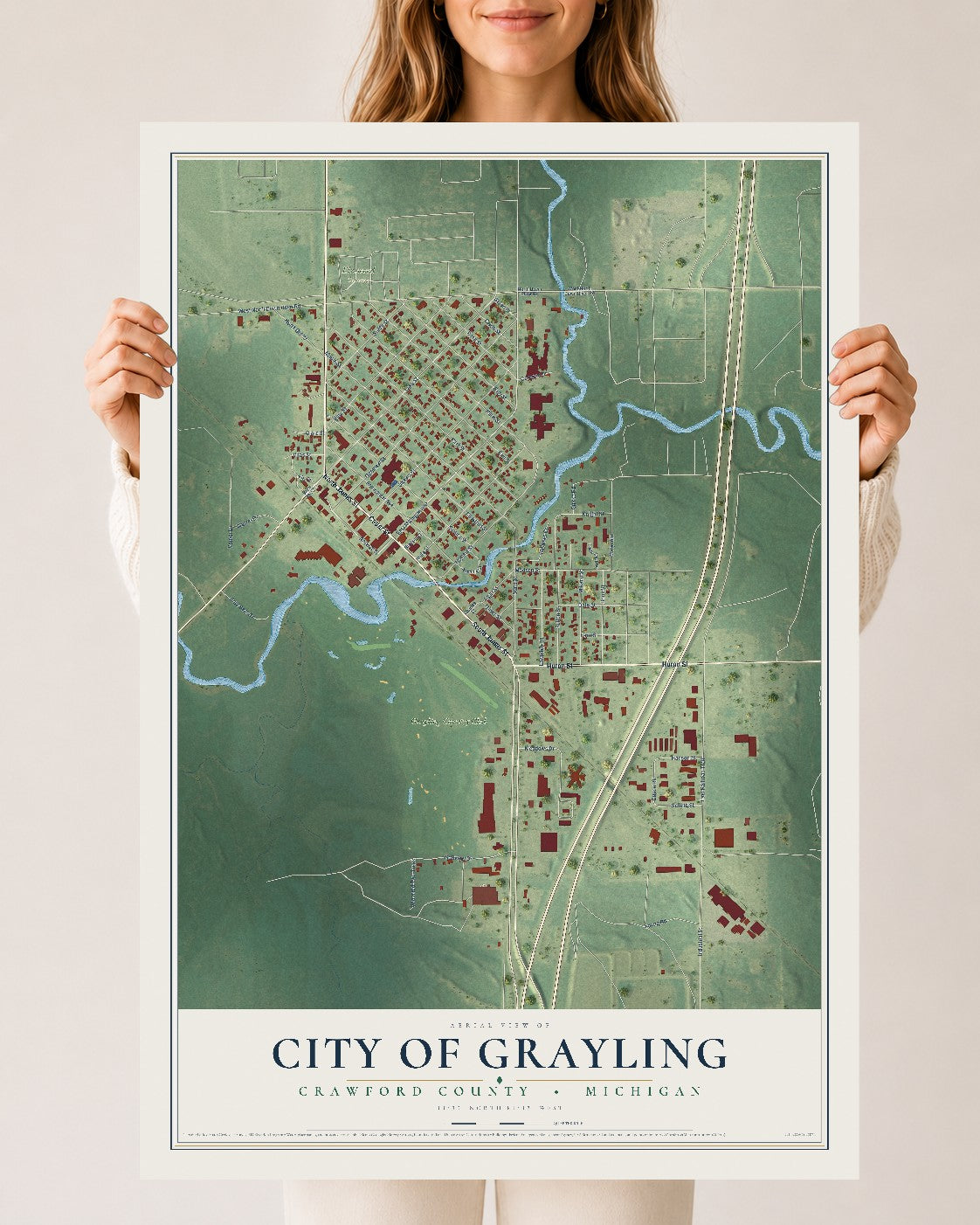 Map of Grayling, Michigan, 24 x 36 inch unframed archival matte print
