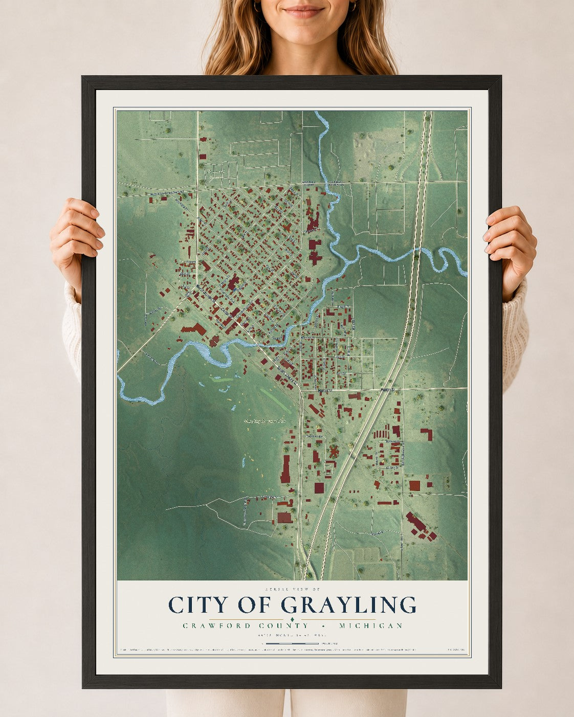 Map of Grayling, Michigan, 24 x 36 inch print in a black wood frame
