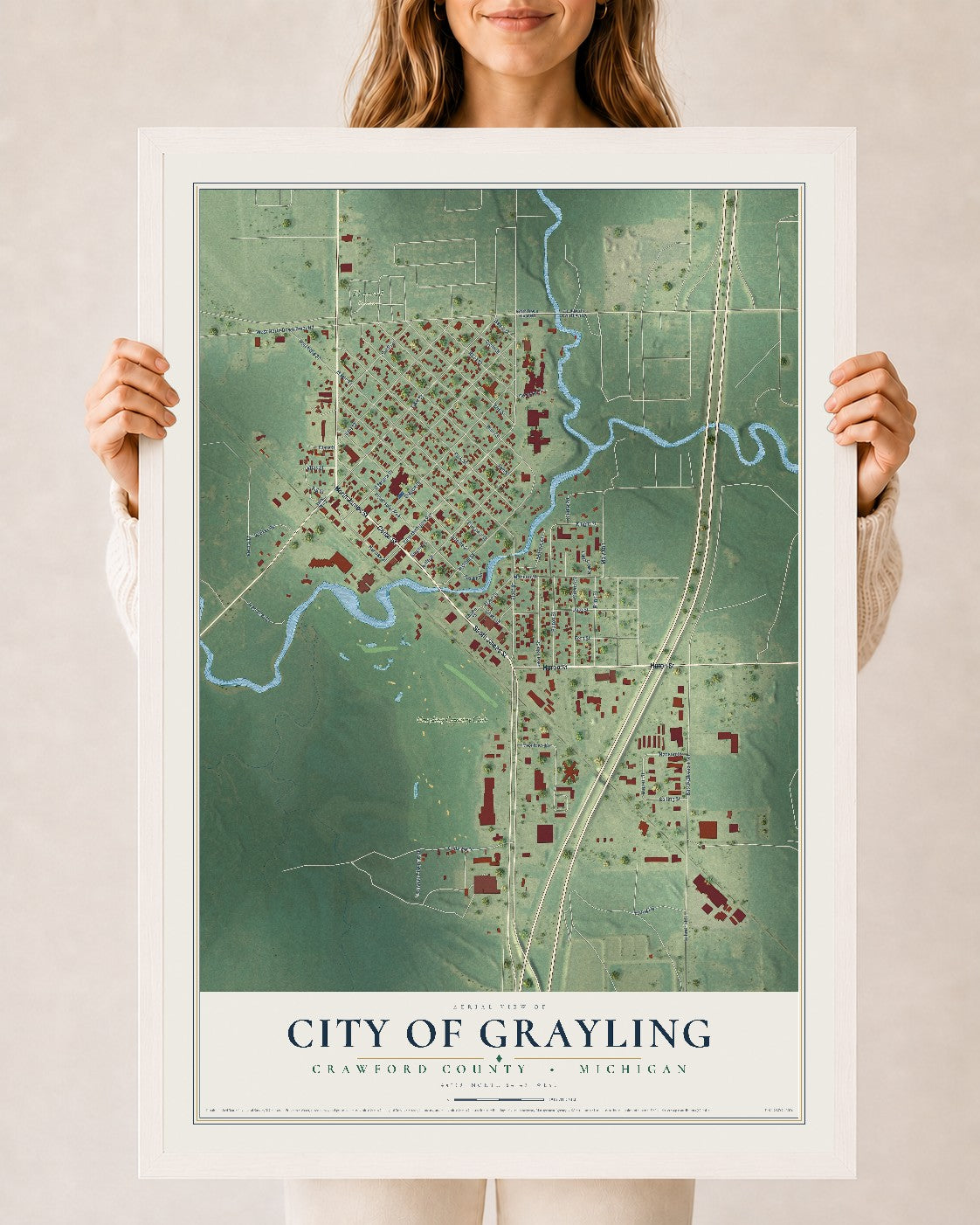 Map of Grayling, Michigan, 24 x 36 inch print in a white wood frame