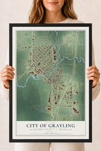 Map of Grayling, Michigan, 18 x 24 inch print in a black wood frame