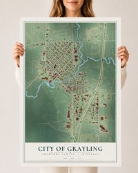 Map of Grayling, Michigan, 24 x 36 inch unframed archival matte print