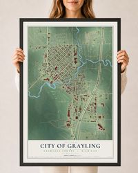 Map of Grayling, Michigan, 24 x 36 inch print in a black wood frame
