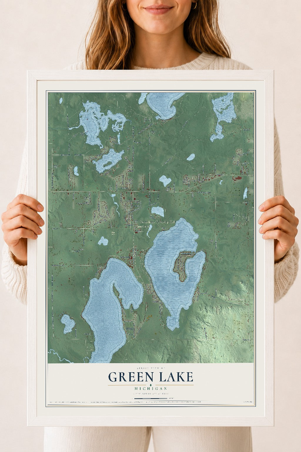 Map of Green Lake, Michigan, 18 x 24 inch print in a white wood frame
