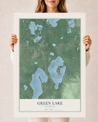 Map of Green Lake, Michigan, 24 x 36 inch print in a white wood frame