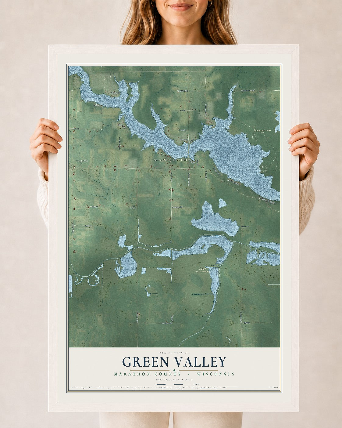 Map of Green Valley, Marathon County, Wisconsin, 24 x 36 inch print in a white wood frame