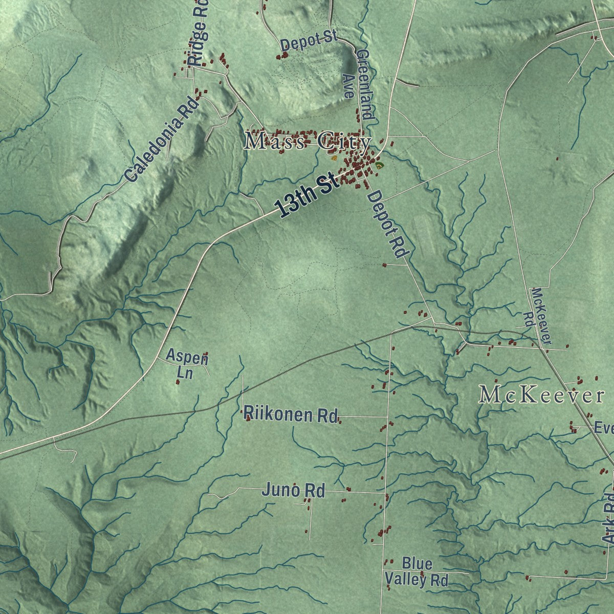 Second close-up of the map of Greenland, Michigan print showing more streets and buildings