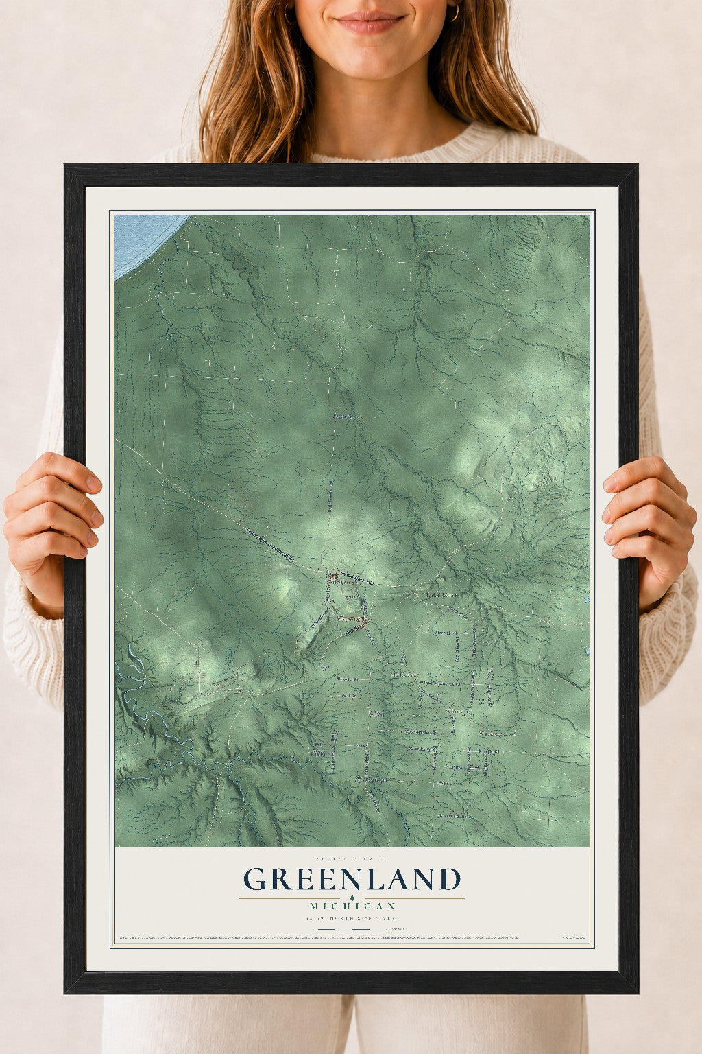 Map of Greenland, Michigan, 18 x 24 inch print in a black wood frame