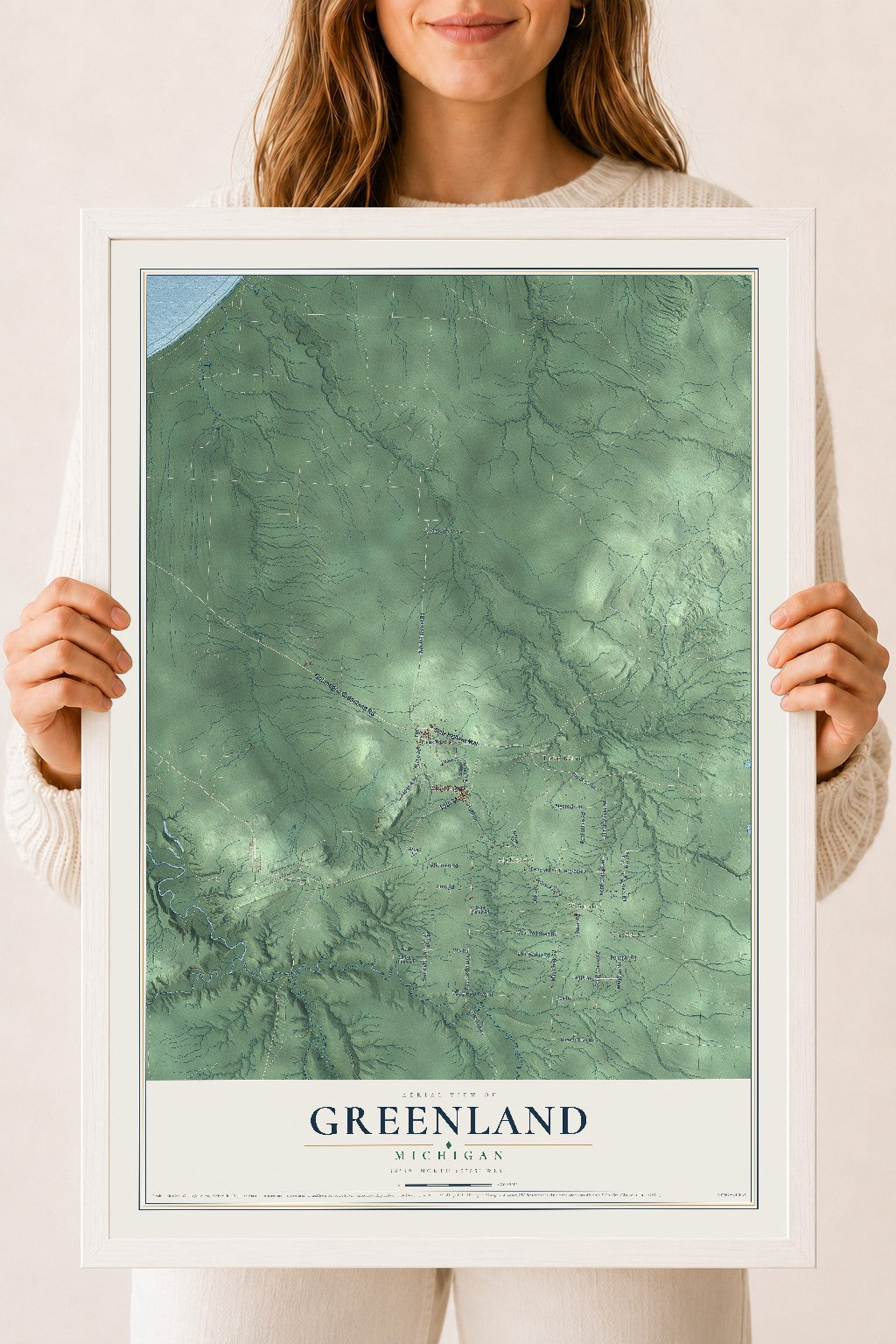 Map of Greenland, Michigan, 18 x 24 inch print in a white wood frame
