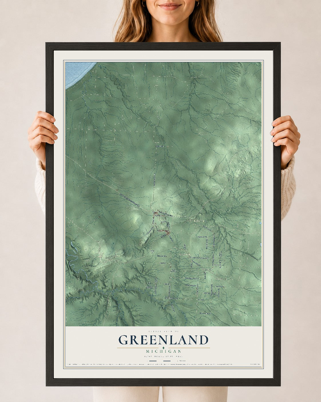 Map of Greenland, Michigan, 24 x 36 inch print in a black wood frame