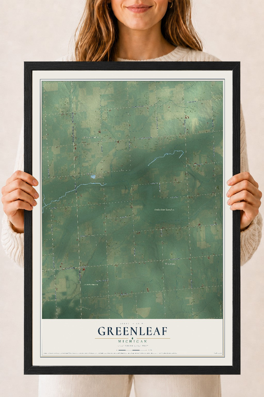 Map of Greenleaf, Michigan, 18 x 24 inch print in a black wood frame