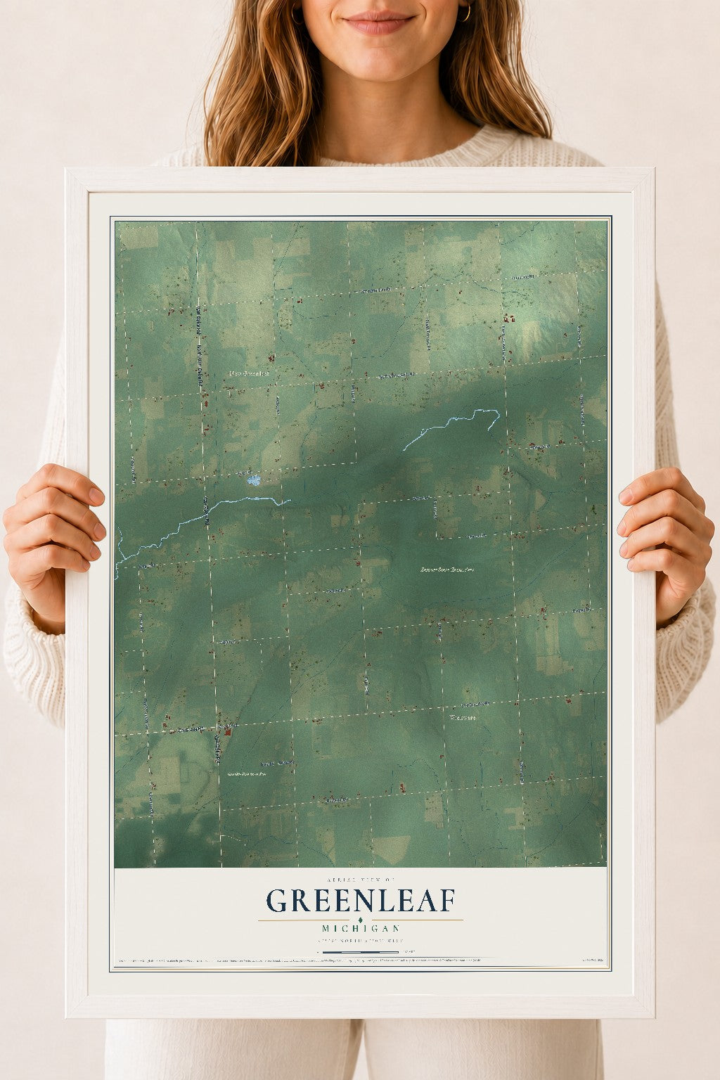 Map of Greenleaf, Michigan, 18 x 24 inch print in a white wood frame