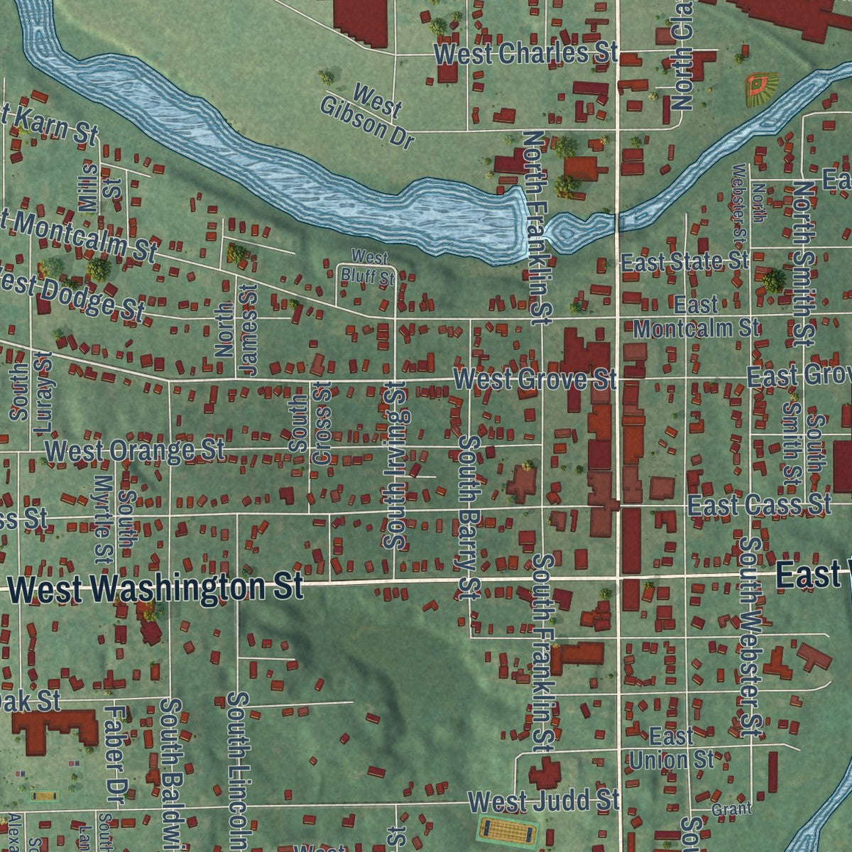 Close-up of the map of Greenville, Michigan print showing street and building detail