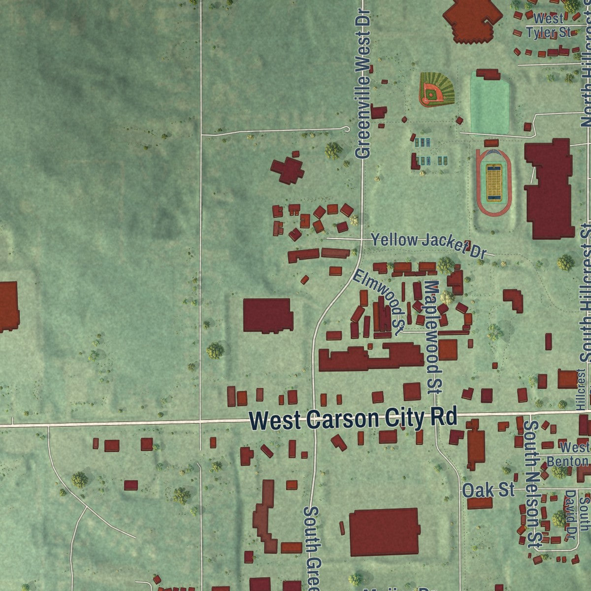 Second close-up of the map of Greenville, Michigan print showing more streets and buildings