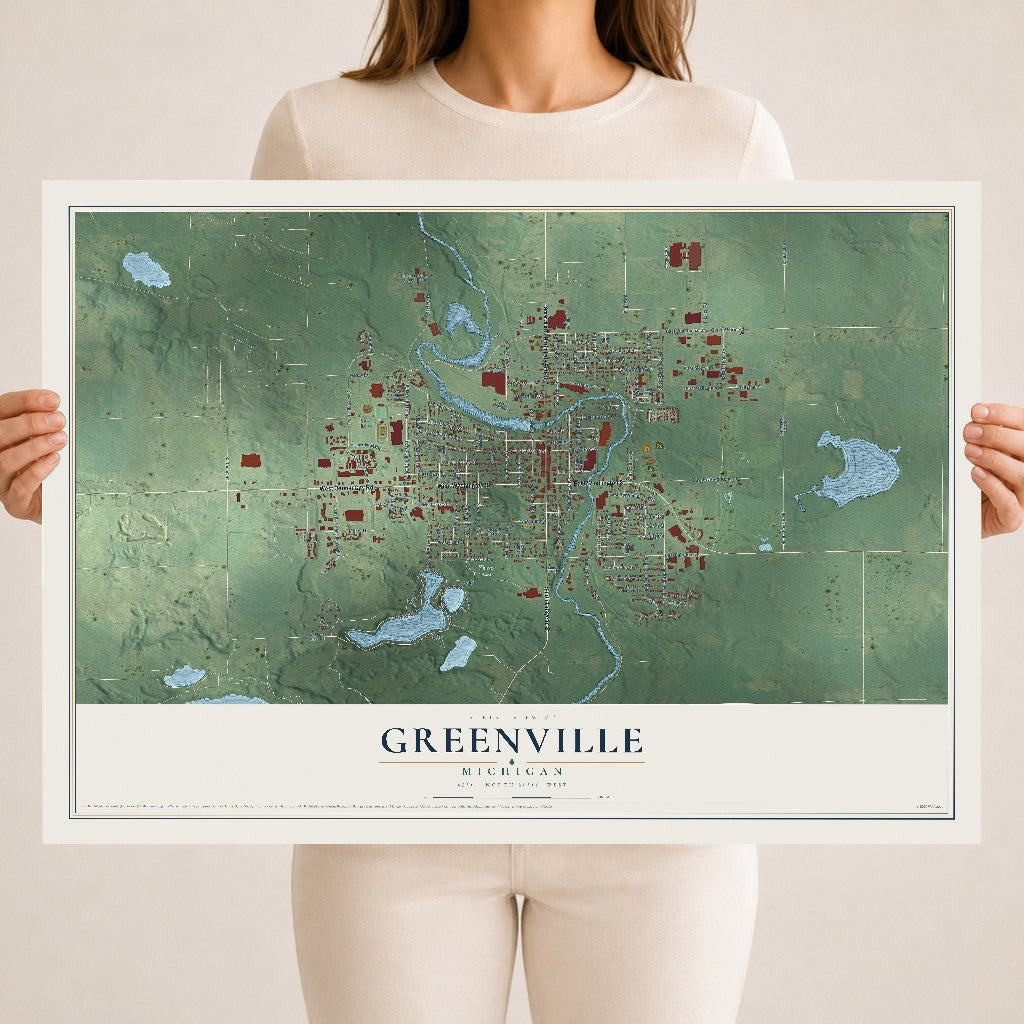 Map of Greenville, Michigan, 18 x 24 inch unframed archival matte print