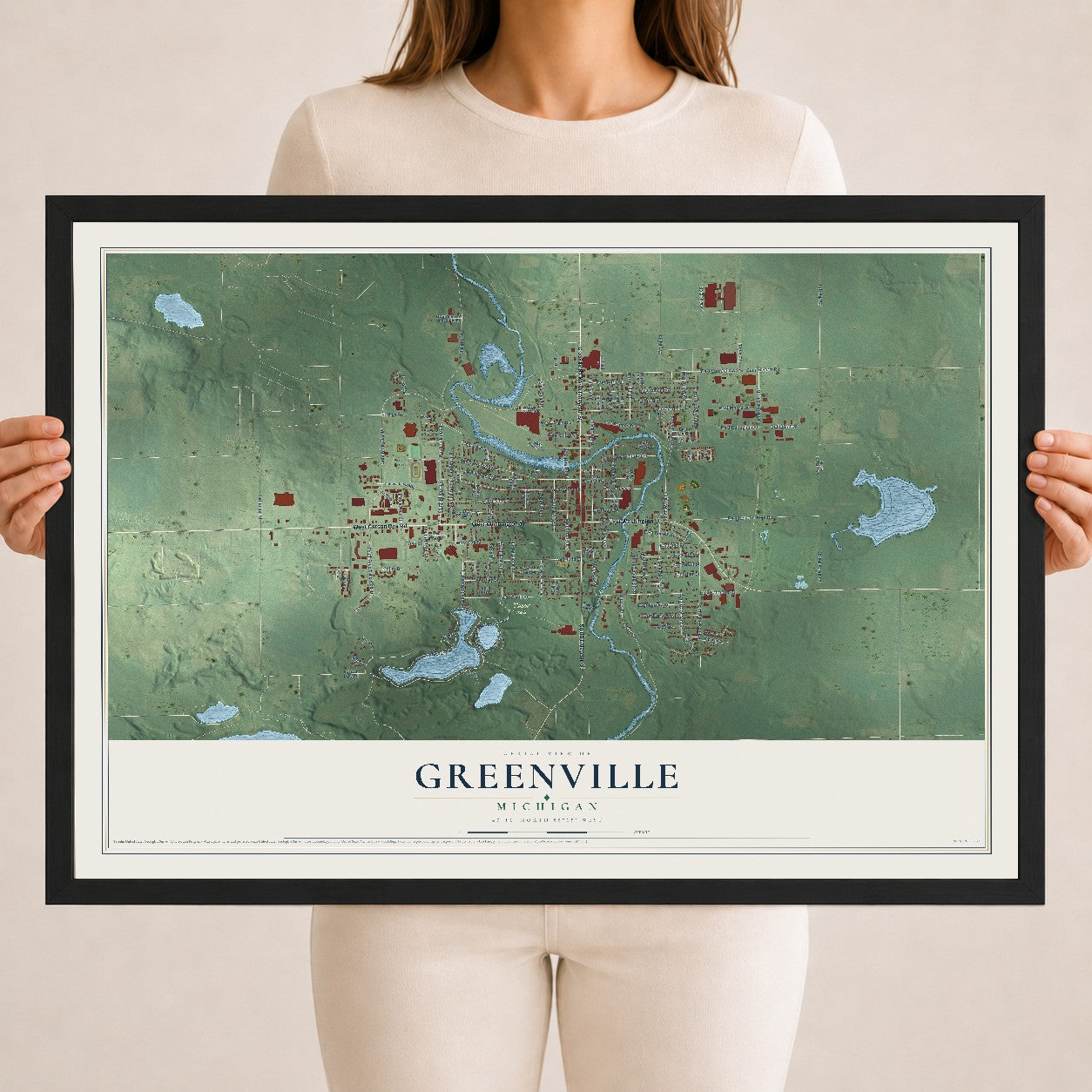 Map of Greenville, Michigan, 18 x 24 inch print in a black wood frame