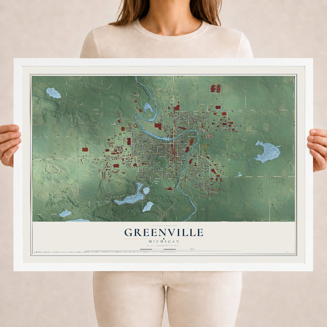 Map of Greenville, Michigan, 18 x 24 inch print in a white wood frame