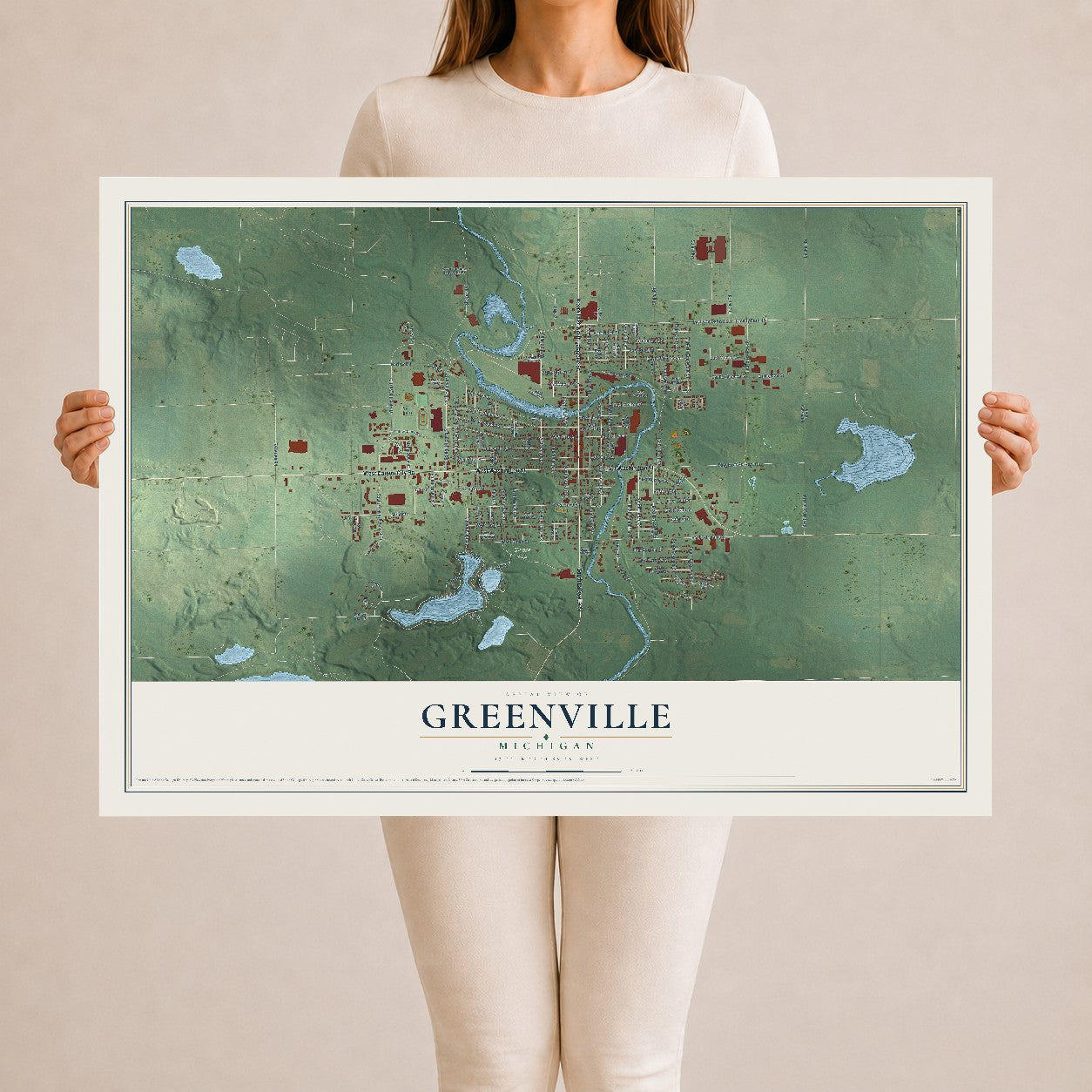 Map of Greenville, Michigan, 24 x 36 inch unframed archival matte print
