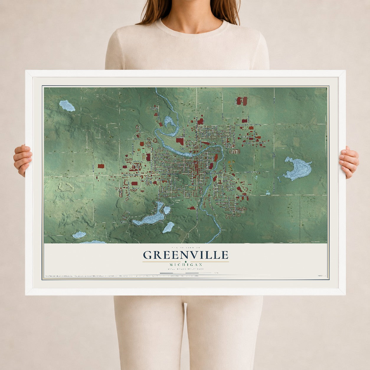 Map of Greenville, Michigan, 24 x 36 inch print in a white wood frame