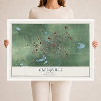 Map of Greenville, Michigan, 24 x 36 inch print in a white wood frame
