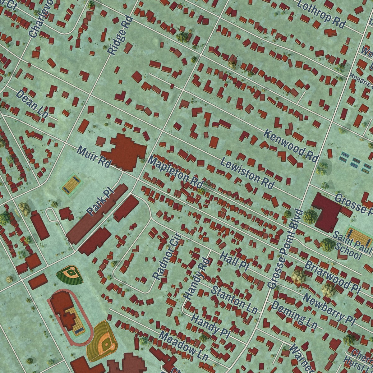 Close-up of the map of Grosse Pointe Farms, Michigan print showing street and building detail