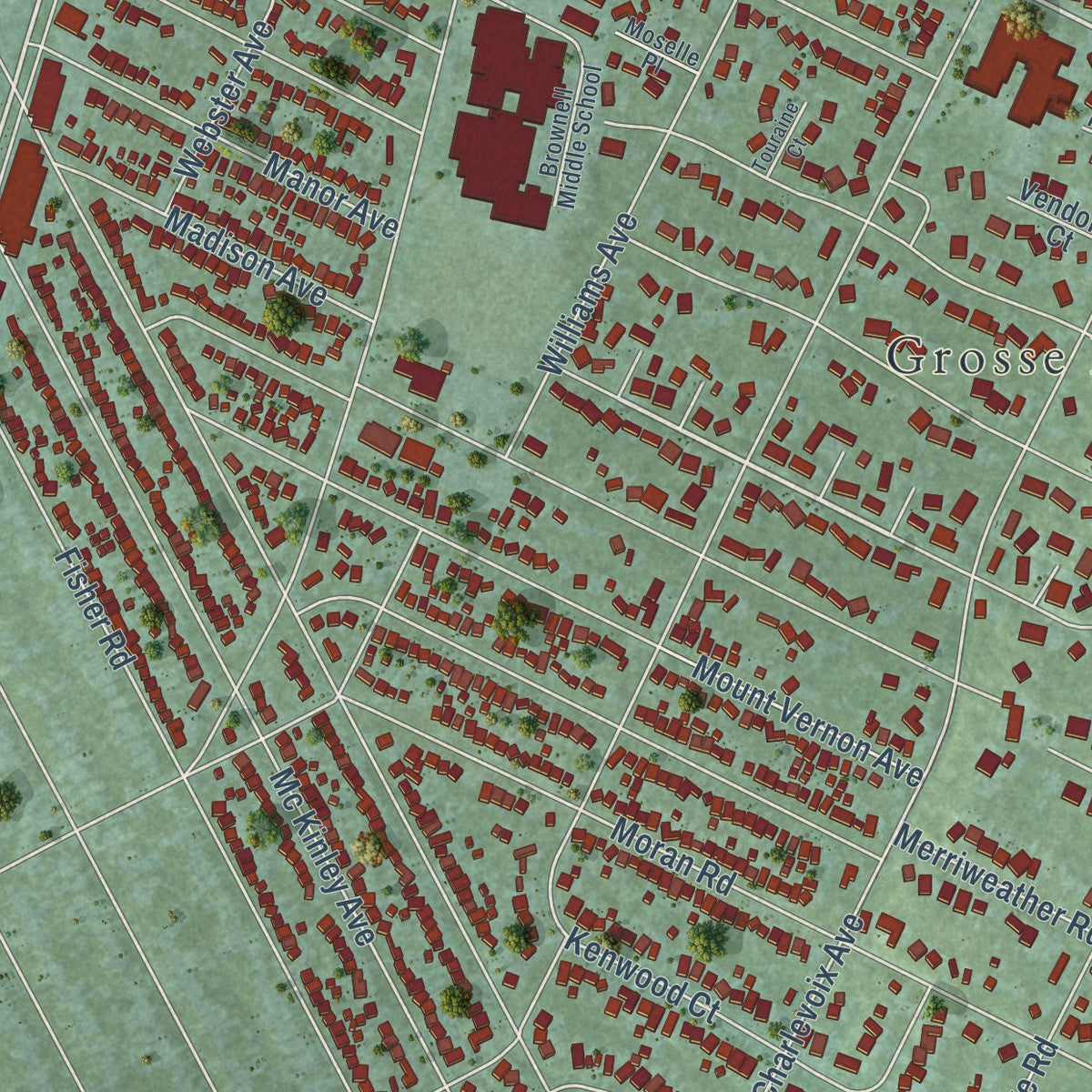 Second close-up of the map of Grosse Pointe Farms, Michigan print showing more streets and buildings