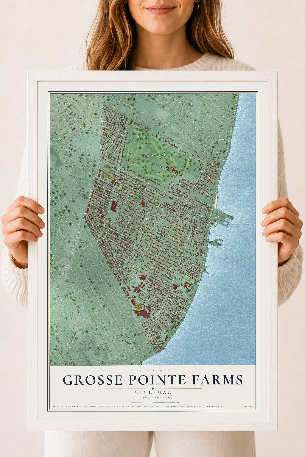 Map of Grosse Pointe Farms, Michigan, 18 x 24 inch print in a white wood frame