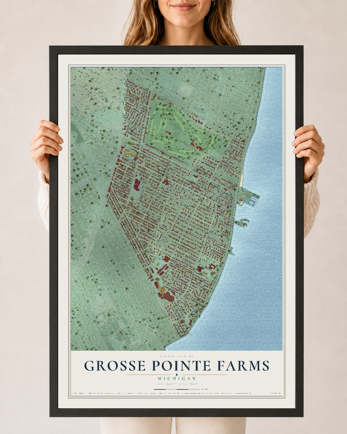 Map of Grosse Pointe Farms, Michigan, 24 x 36 inch print in a black wood frame