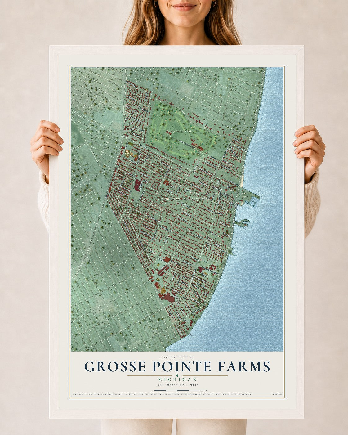 Map of Grosse Pointe Farms, Michigan, 24 x 36 inch print in a white wood frame