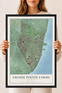 Map of Grosse Pointe Farms, Michigan, 18 x 24 inch print in a black wood frame