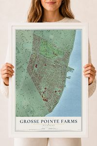 Map of Grosse Pointe Farms, Michigan, 18 x 24 inch print in a white wood frame