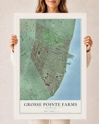 Map of Grosse Pointe Farms, Michigan, 24 x 36 inch print in a white wood frame