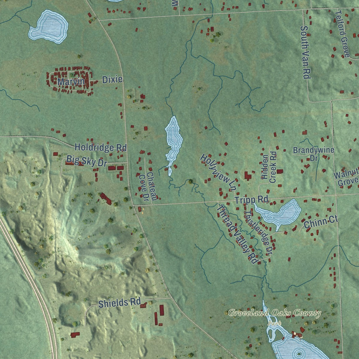Second close-up of the map of Groveland, Michigan print showing more streets and buildings