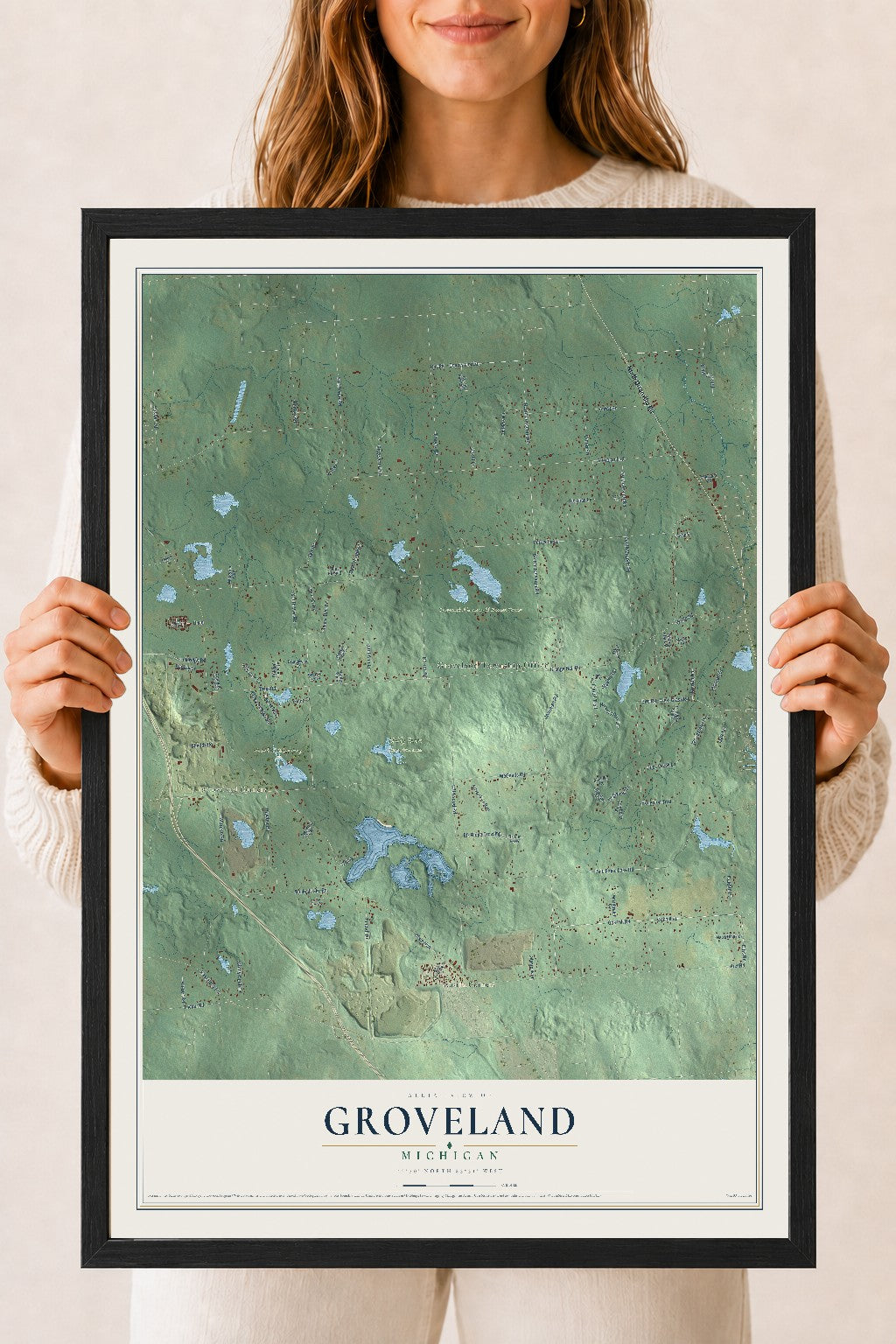 Map of Groveland, Michigan, 18 x 24 inch print in a black wood frame